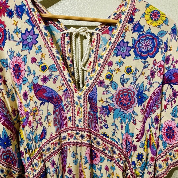 Fashion Fuse Maxi Dress Empire Waist Blue &Purple Peacock Print Boho Whimsy Sz S - Picture 3 of 13